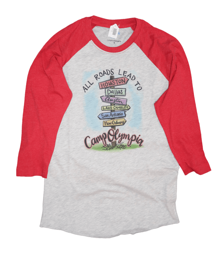 All Roads Baseball Tee Red Sleeves Camp Olympia